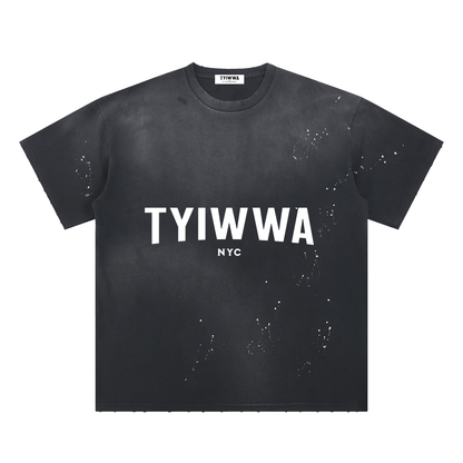 TYIWWA  Hand-Frayed Sunfade Paint Splatter T-Shirt (WHITE FONT)