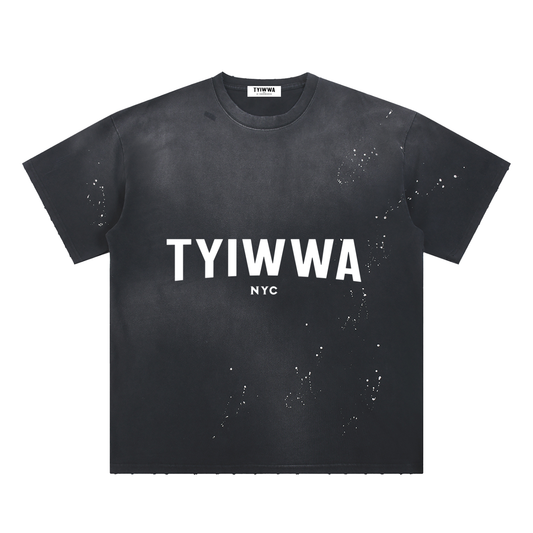 TYIWWA  Hand-Frayed Sunfade Paint Splatter T-Shirt (WHITE FONT)