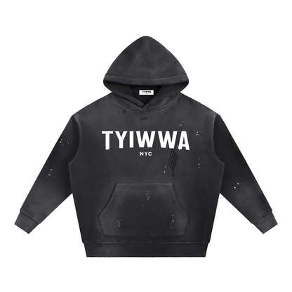 TYIWWA Vintage Washed Frayed Fleece Hoodie (White Font)