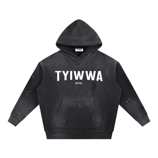 TYIWWA Vintage Washed Frayed Fleece Hoodie (White Font)